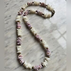 Vintage heishi shell necklace white and purple chips brass accents puka Surfer
